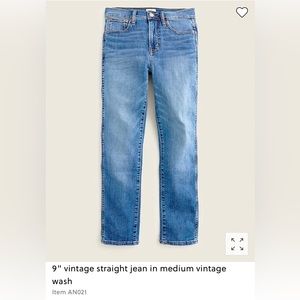 J. Crew  9" vintage straight jean in medium vintage wash size 33.